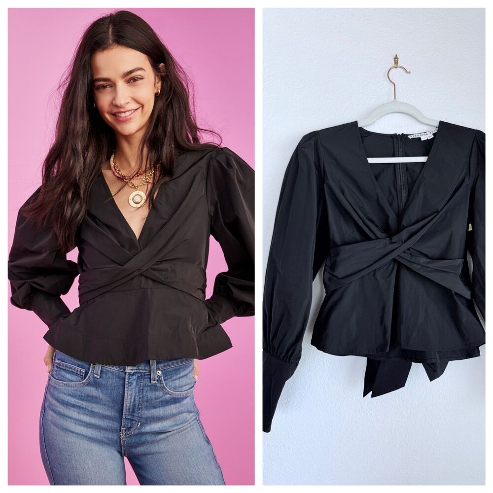 NWT Veronica Beard Seema Long Sleeve Wrap-Effect Taffeta Blouse in Black Size 0